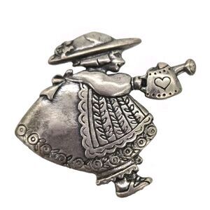 Vintage Mary Engelbreit Sterling Silver 925 Girl with Watering Can Pin Brooch